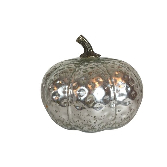 Mercury Silver Crackle Blown Glass LED Light up Pumpkin Halloween  10X9 - Picture 3 of 7